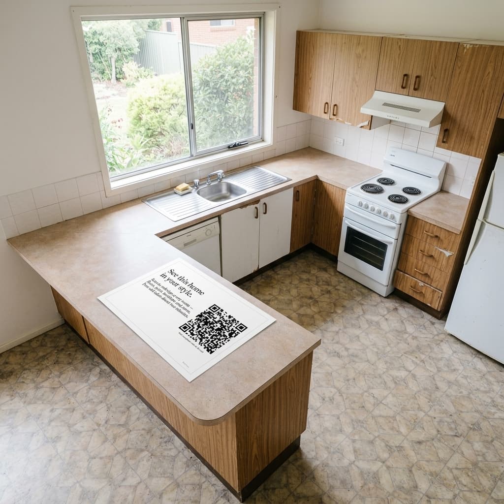 A RenoViewer QR flyer on the kitchen counter at an open home